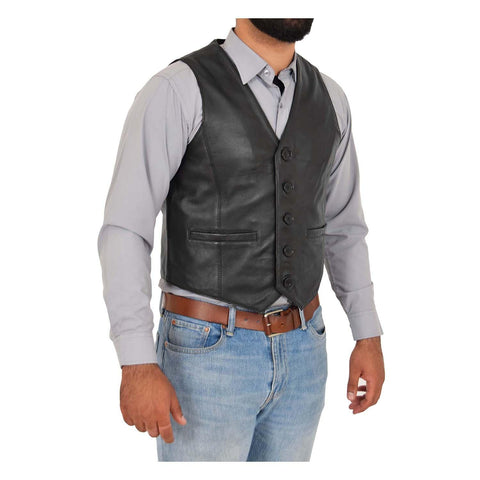 Mens Button Fastening Leather Waistcoat Nick Black