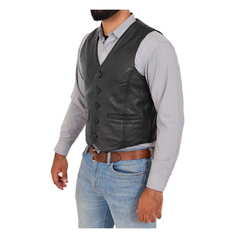 Mens Button Fastening Leather Waistcoat Nick Black