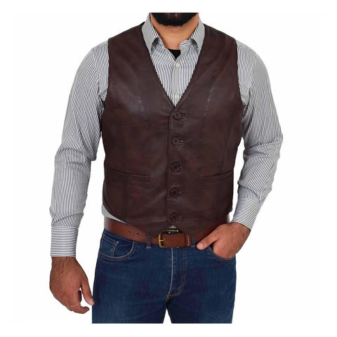 Mens Button Fastening Leather Waistcoat Nick Brown