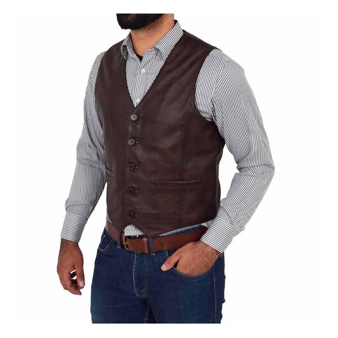 Mens Button Fastening Leather Waistcoat Nick Brown