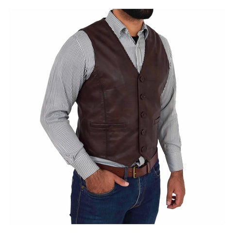 Mens Button Fastening Leather Waistcoat Nick Brown