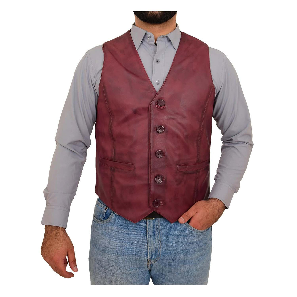 Mens Button Fastening Leather Waistcoat Nick Burgundy