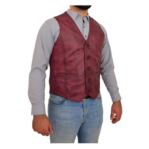 Mens Button Fastening Leather Waistcoat Nick Burgundy