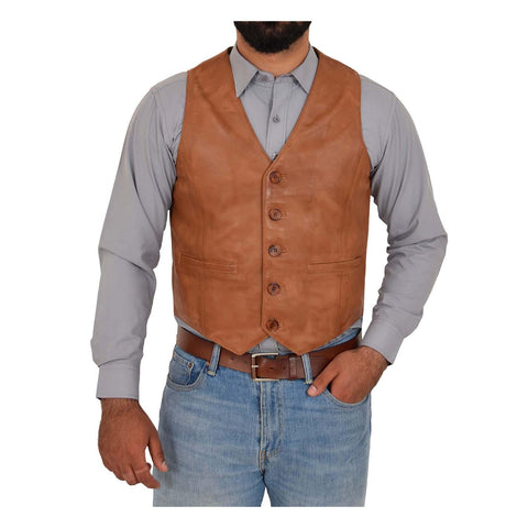 Mens Button Fastening Leather Waistcoat Nick Tan