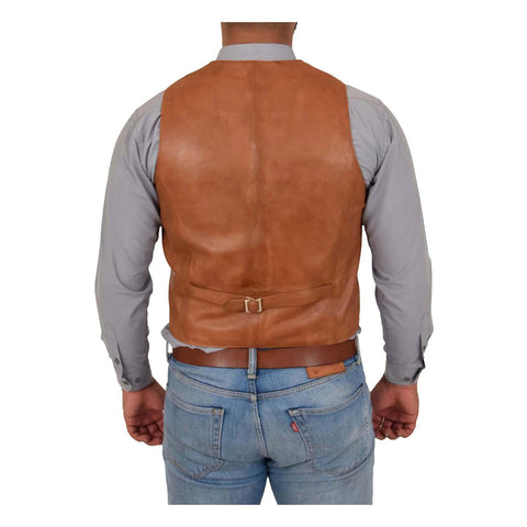 Mens Button Fastening Leather Waistcoat Nick Tan