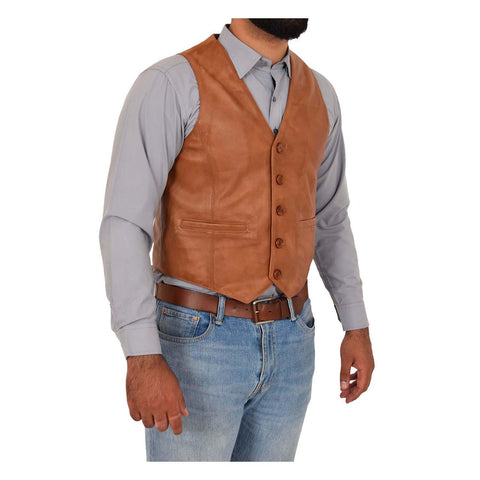 Mens Button Fastening Leather Waistcoat Nick Tan