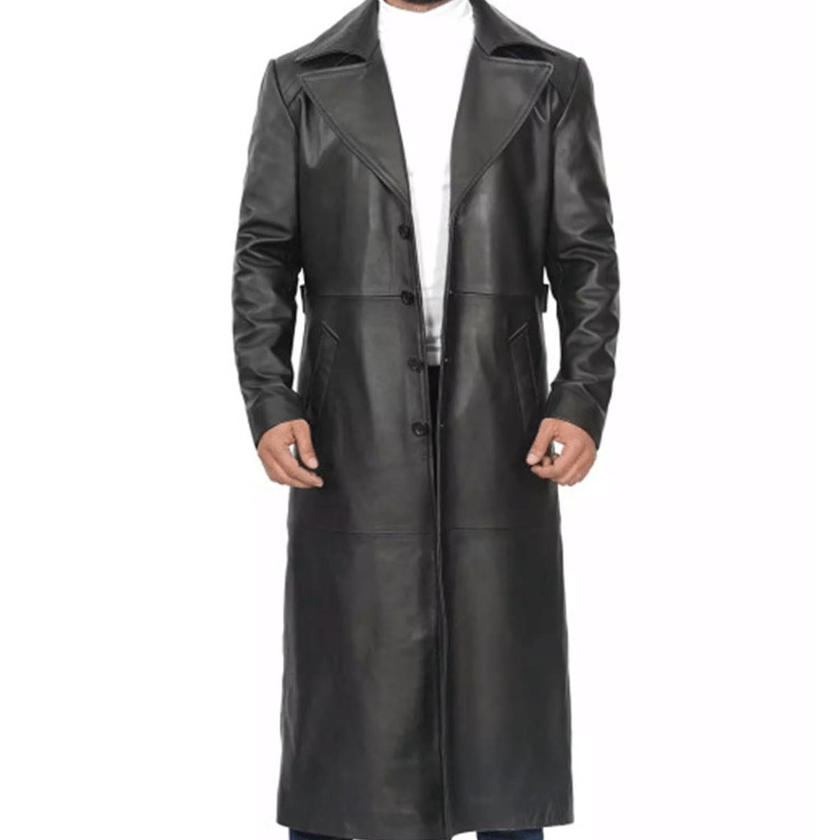 Men's Full-Length Black Leather Trench Coat