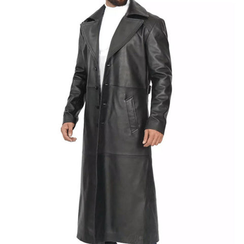 Men's Full-Length Black Leather Trench Coat