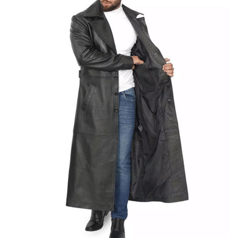 Men's Full-Length Black Leather Trench Coat