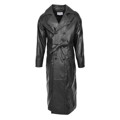 Mens Full Length Double Breasted Leather Coat Pete Black