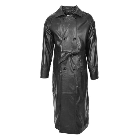 Mens Full Length Double Breasted Leather Coat Pete Black