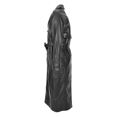 Mens Full Length Double Breasted Leather Coat Pete Black