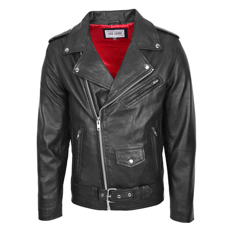 Mens Leather Biker Jacket Brando Style Johnny Black