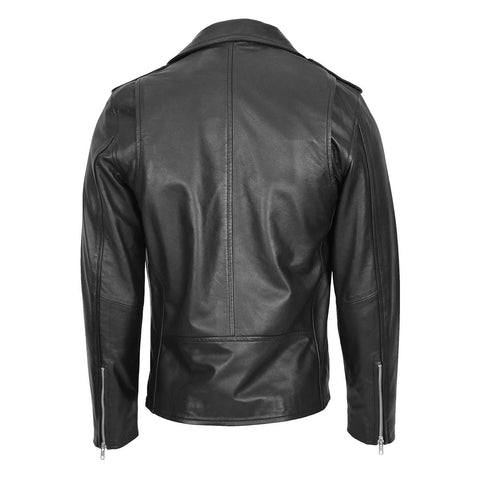 Mens Leather Biker Jacket Brando Style Johnny Black