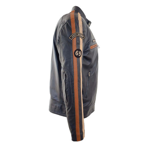 Mens Real Leather Biker Jacket Cafe Racer Style Badges TRON Navy