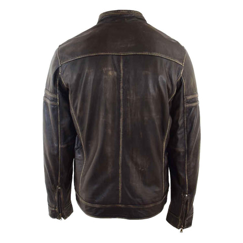 Mens Real Leather Biker Jacket Vintage Rub Off Effect RICKY