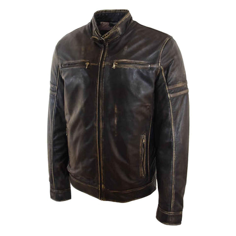 Mens Real Leather Biker Jacket Vintage Rub Off Effect RICKY