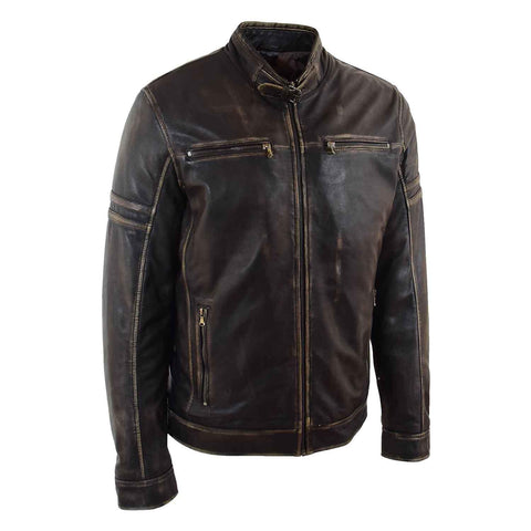 Mens Real Leather Biker Jacket Vintage Rub Off Effect RICKY