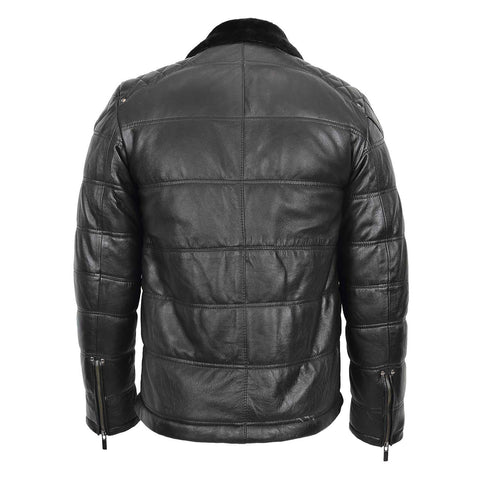 Mens Leather Biker Style Puffer Jacket Ronnie Black