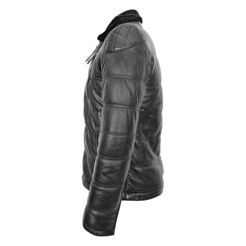 Mens Leather Biker Style Puffer Jacket Ronnie Black