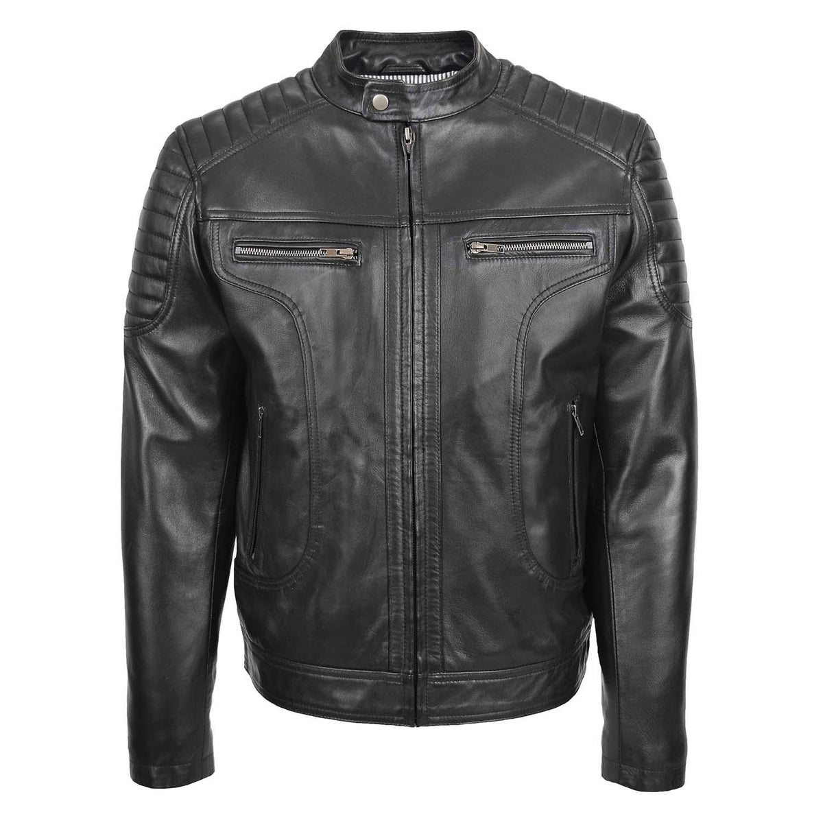 Mens Leather Biker Style Zip Jacket Eddie Black