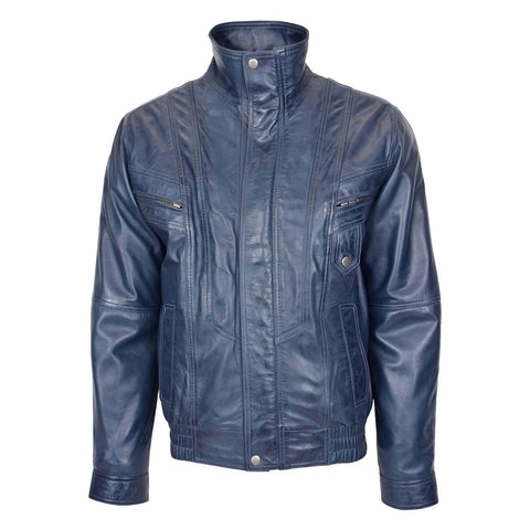 Mens Leather Bomber Blouson Jacket Robert Blue