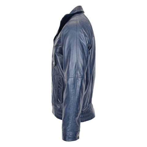 Mens Leather Bomber Blouson Jacket Robert Blue