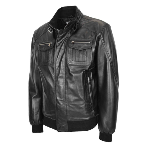 Mens Leather Bomber Flight Jacket Tom Black