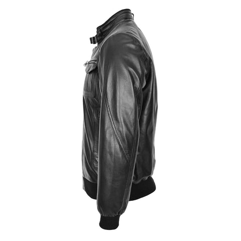 Mens Leather Bomber Flight Jacket Tom Black