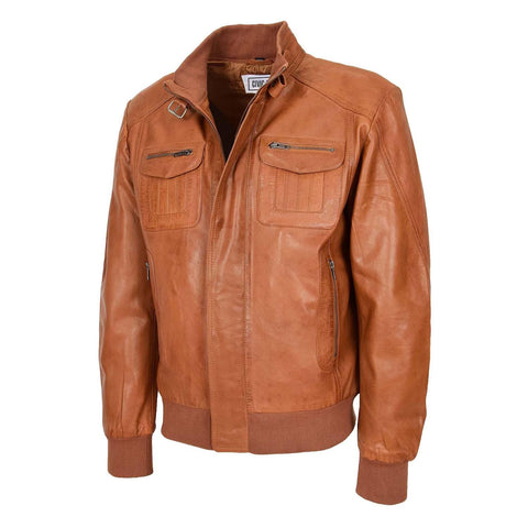 Mens Leather Bomber Flight Jacket Tom Tan