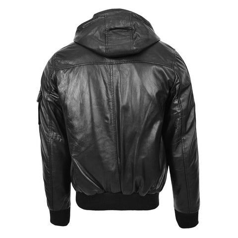 Mens Leather Bomber Jacket with Hoodie Bronx Black