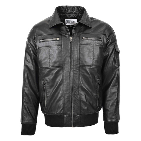 Mens Leather Bomber Jacket with Hoodie Bronx Black