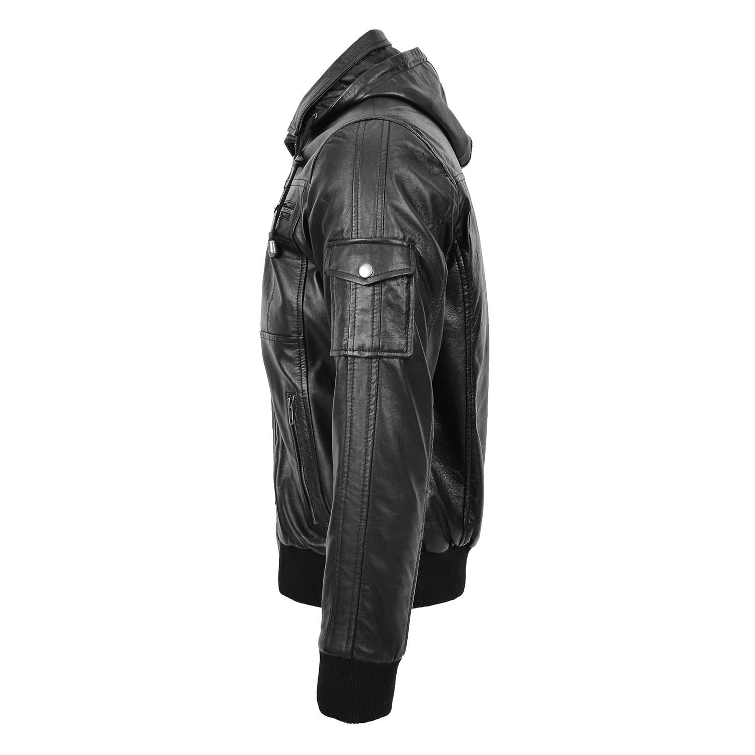 Mens Leather Bomber Jacket with Hoodie Bronx Black