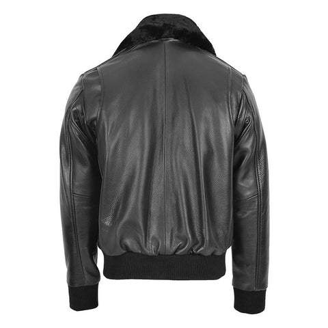 Mens Leather Bomber Pilot Jacket Removable Collar Leroy Black