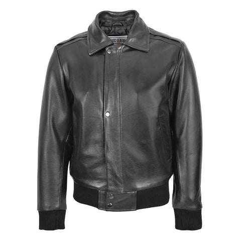 Mens Leather Bomber Pilot Jacket Removable Collar Leroy Black