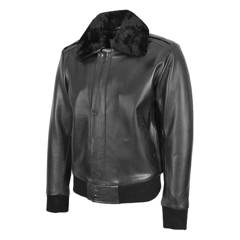 Mens Leather Bomber Pilot Jacket Removable Collar Leroy Black