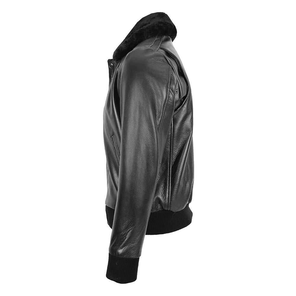 Mens Leather Bomber Pilot Jacket Removable Collar Leroy Black