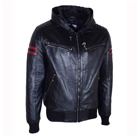 Mens Real Leather Bomber Zip Jacket Hooded RAMMY Black