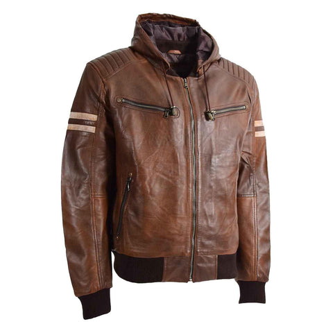 Mens Real Leather Bomber Zip up Detachable Hoodie Jacket Dallas Cognac