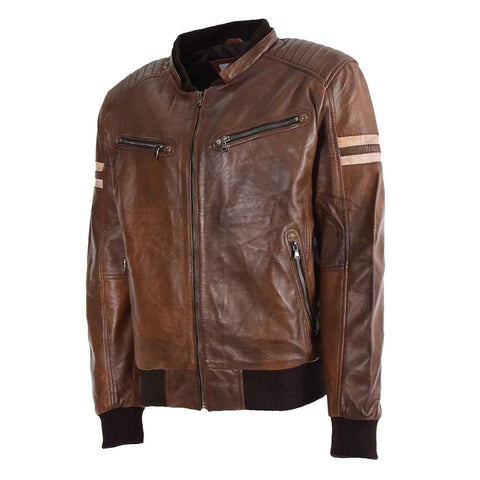 Mens Real Leather Bomber Zip up Detachable Hoodie Jacket Dallas Cognac