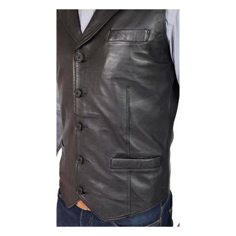 Mens Leather Buttoned Waistcoat Gilet Calvin Black