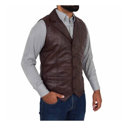 Mens Leather Buttoned Waistcoat Gilet Calvin Brown