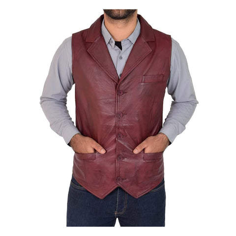 Mens Leather Buttoned Waistcoat Gilet Calvin Burgundy