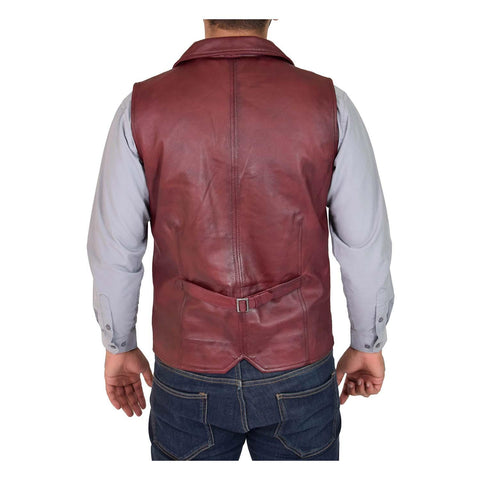 Mens Leather Buttoned Waistcoat Gilet Calvin Burgundy