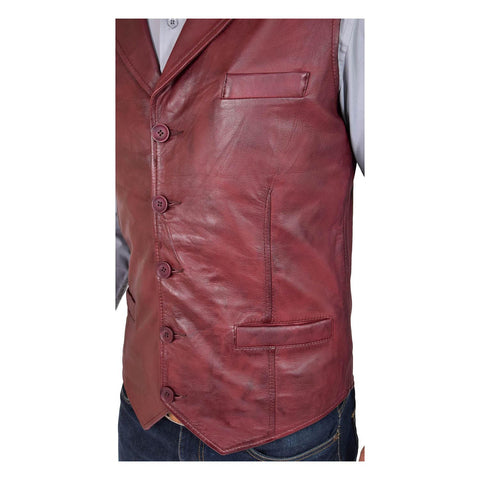 Mens Leather Buttoned Waistcoat Gilet Calvin Burgundy