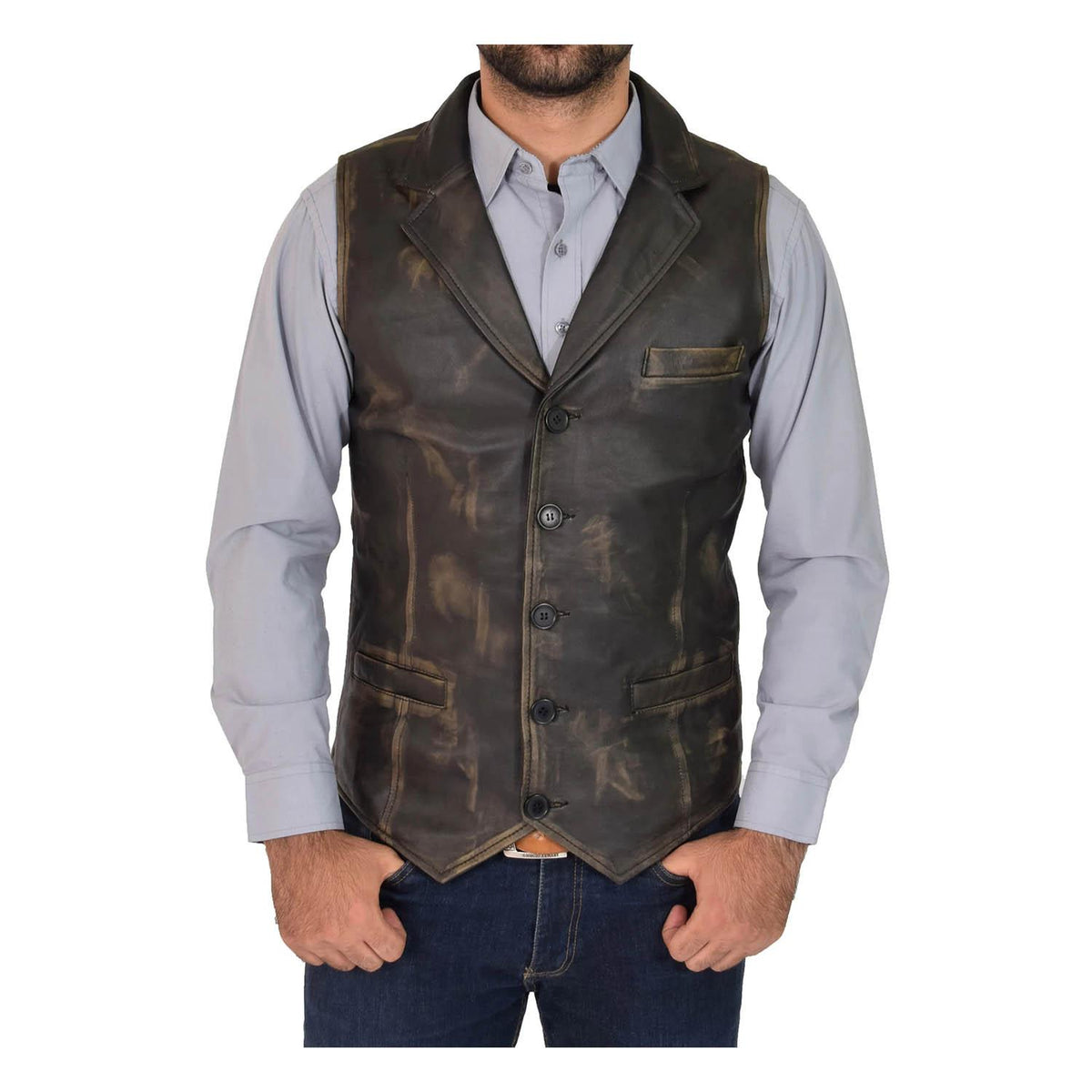 Mens Leather Buttoned Waistcoat Gilet Calvin Rub Off