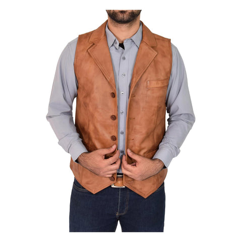 Mens Leather Buttoned Waistcoat Gilet Calvin Tan