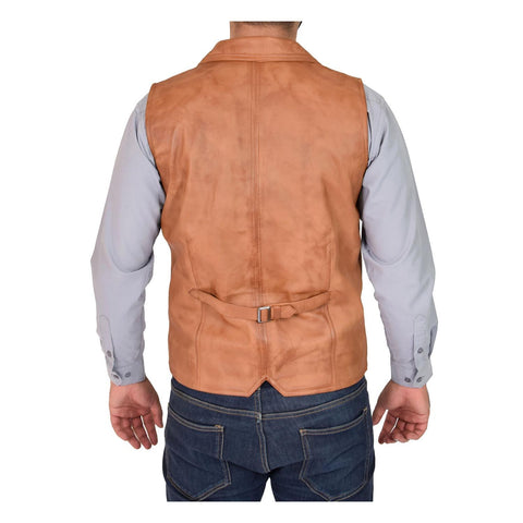 Mens Leather Buttoned Waistcoat Gilet Calvin Tan