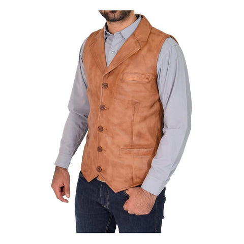 Mens Leather Buttoned Waistcoat Gilet Calvin Tan