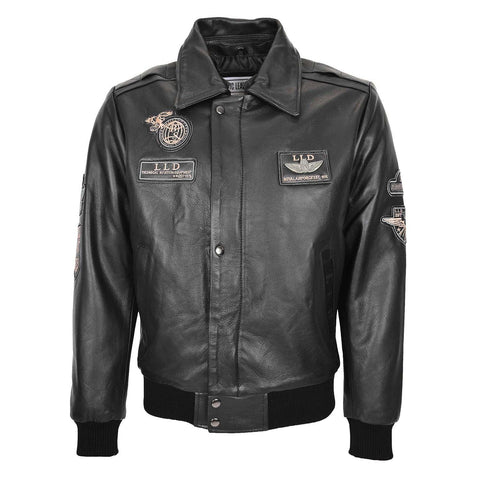 Mens Leather Jacket with Detachable Collar Pilot-N Black